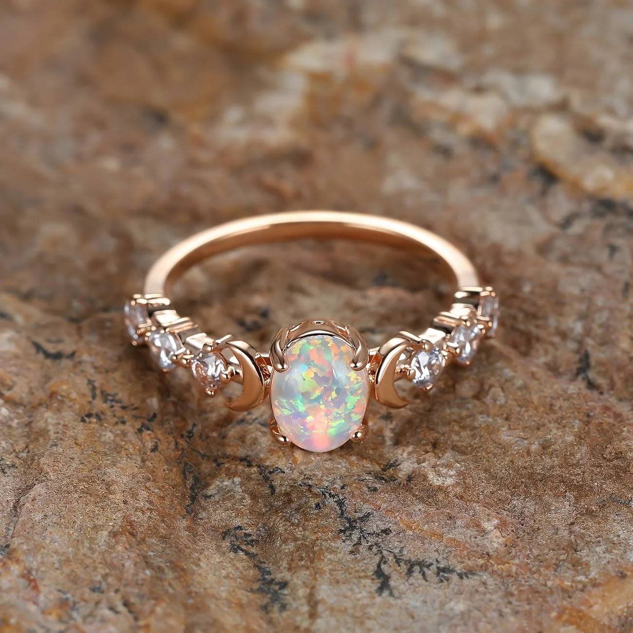 Opal Crescent Moon Ring | Rose Gold - Image 2