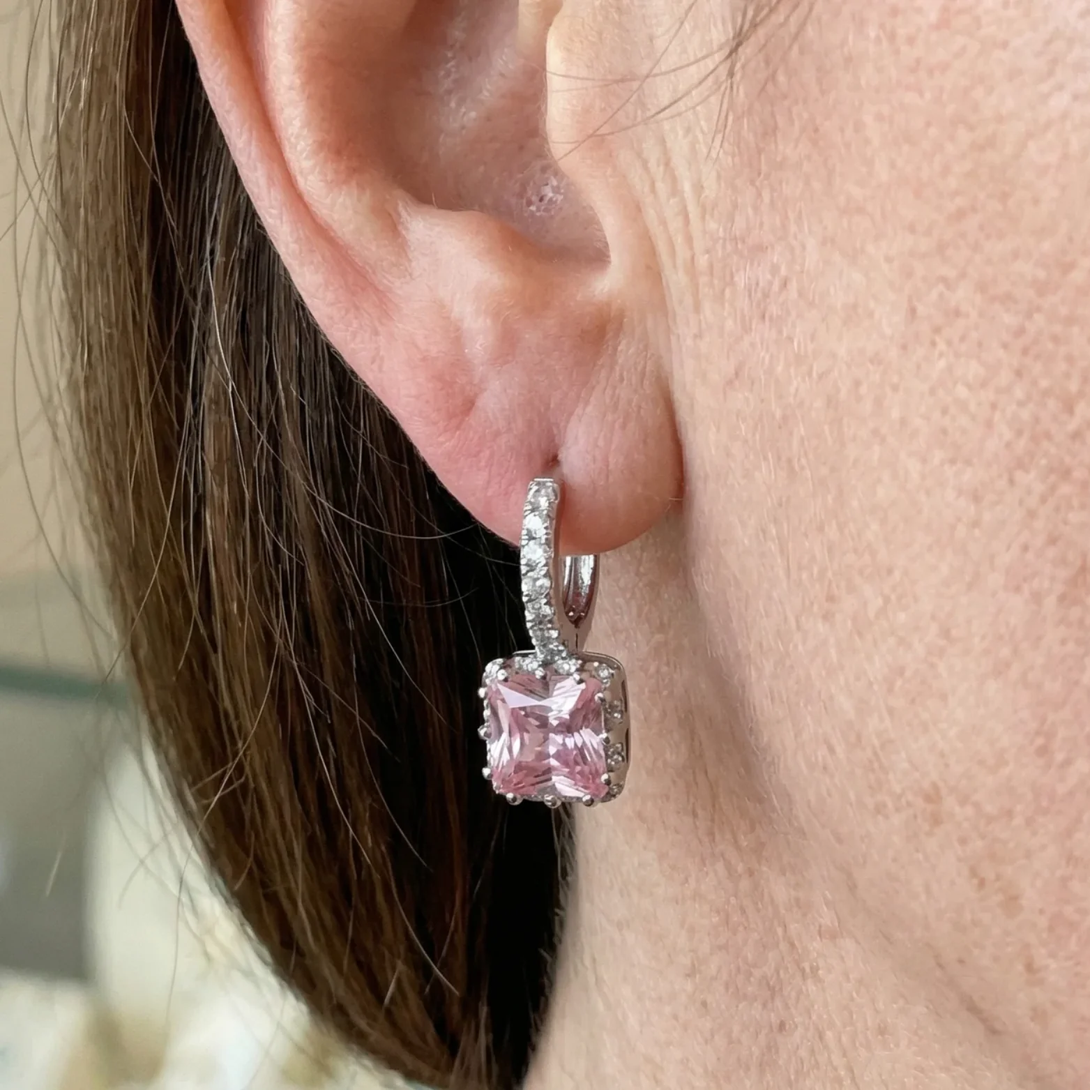 Pink Radiance Huggie Earrings | White Gold - Image 2